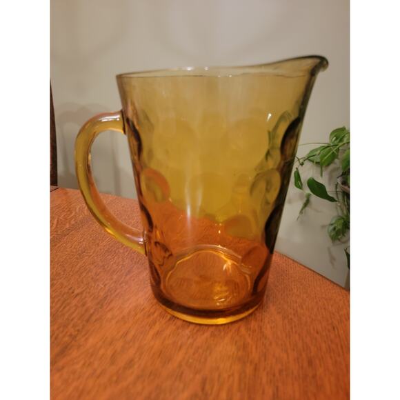 Vintage Hazel Atlas Eldorado Coin Dot Amber Glass Pitcher 7¾" Mid Century Modern - Picture 7 of 10